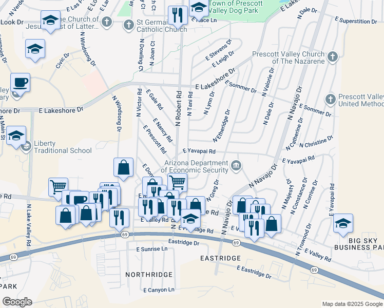 map of restaurants, bars, coffee shops, grocery stores, and more near 8333 East Yavapai Road in Prescott Valley