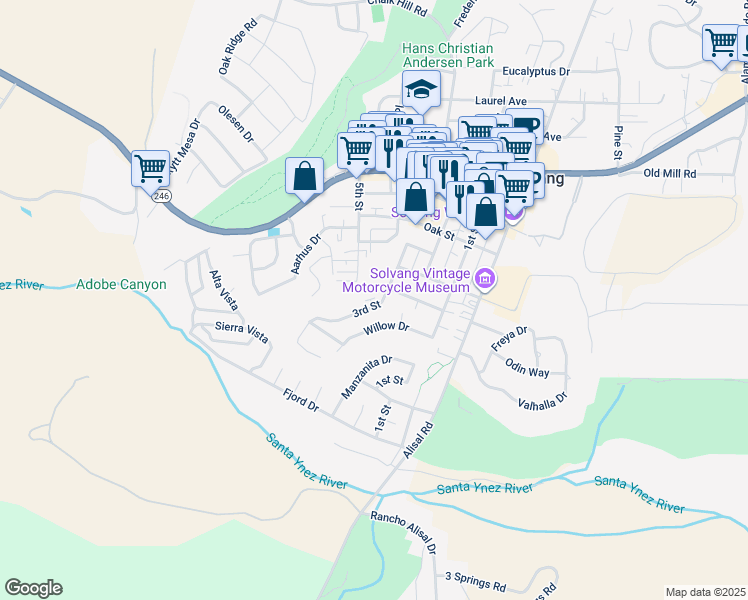 map of restaurants, bars, coffee shops, grocery stores, and more near 268 3rd Street in Solvang
