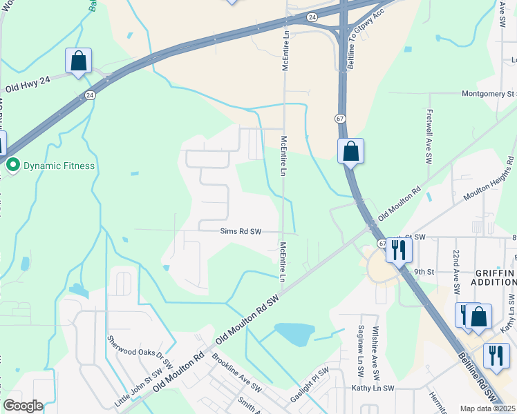 map of restaurants, bars, coffee shops, grocery stores, and more near 134 McEntire Lane Southwest in Decatur
