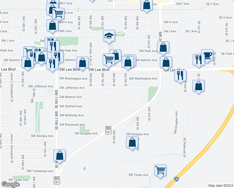 map of restaurants, bars, coffee shops, grocery stores, and more near 1407 Southwest 6th Street in Lawton