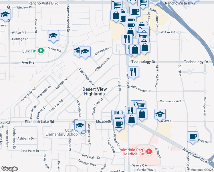 map of restaurants, bars, coffee shops, grocery stores, and more near 38996 Juniper Tree Road in Palmdale