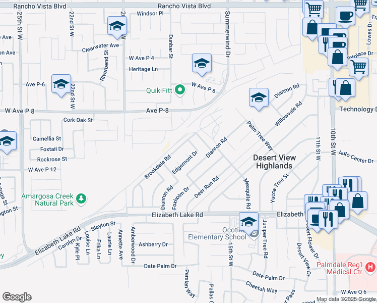 map of restaurants, bars, coffee shops, grocery stores, and more near 38912 Ariana Court in Palmdale