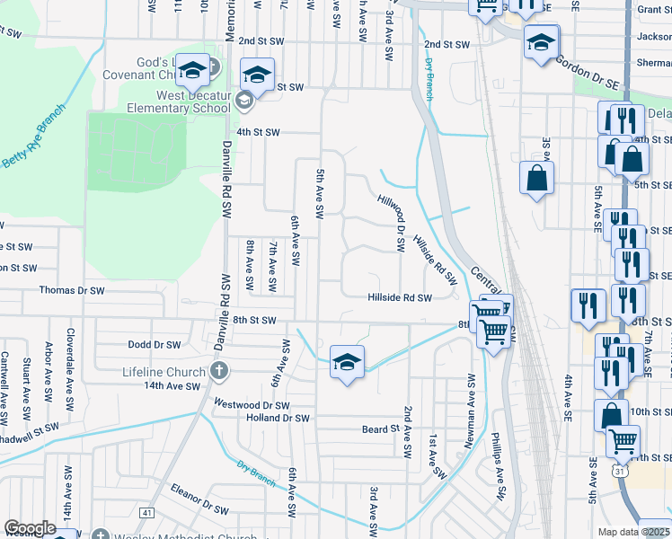map of restaurants, bars, coffee shops, grocery stores, and more near 404 Hillside Road Southwest in Decatur