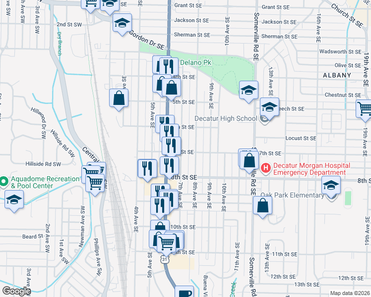 map of restaurants, bars, coffee shops, grocery stores, and more near 1022 7th Avenue Southeast in Decatur