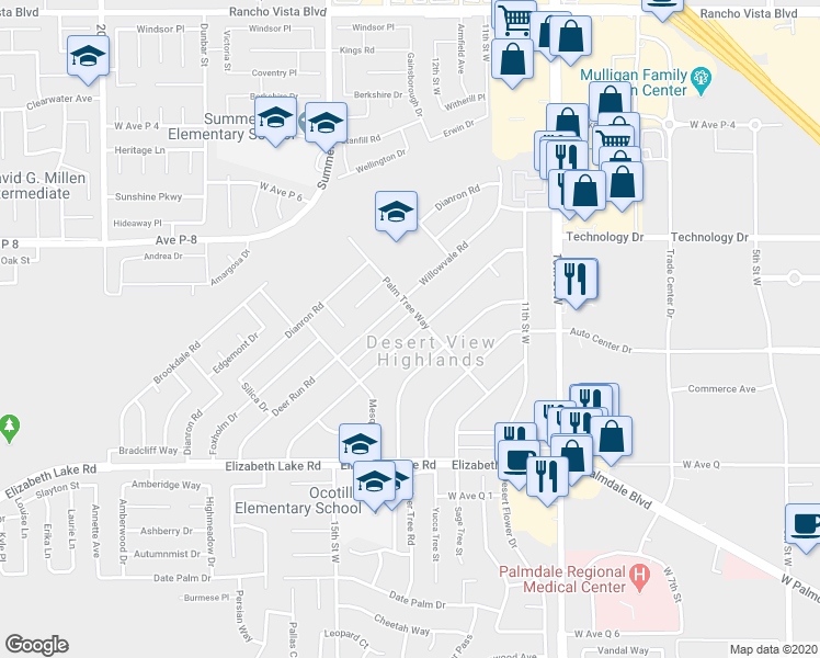 map of restaurants, bars, coffee shops, grocery stores, and more near 38981 Ocotillo Drive in Palmdale