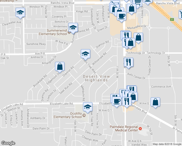 map of restaurants, bars, coffee shops, grocery stores, and more near 38981 Ocotillo Drive in Palmdale