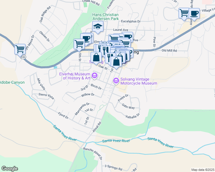 map of restaurants, bars, coffee shops, grocery stores, and more near 296 1st Street in Solvang