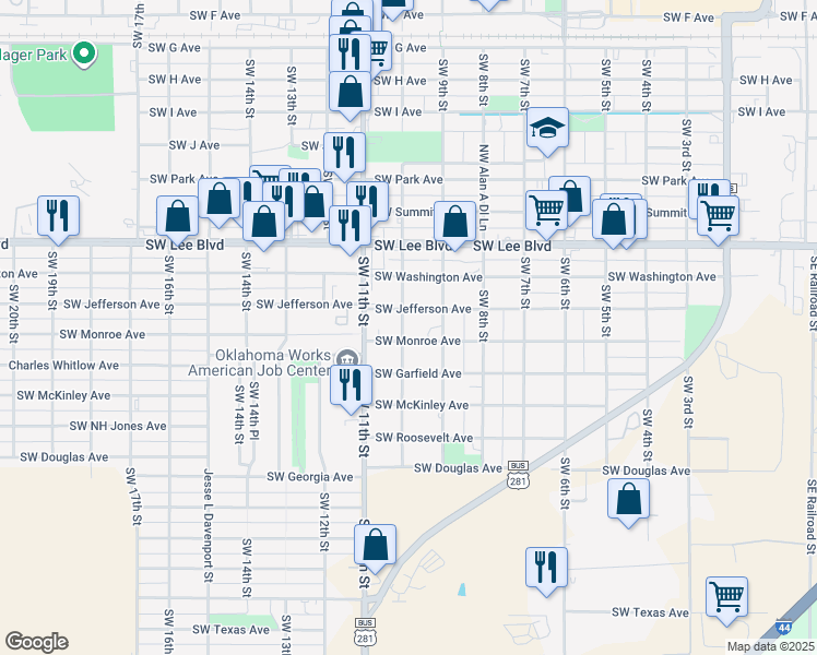 map of restaurants, bars, coffee shops, grocery stores, and more near 1408 Southwest 10th Street in Lawton