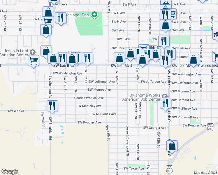 map of restaurants, bars, coffee shops, grocery stores, and more near 1625 Southwest Monroe Avenue in Lawton
