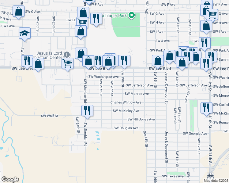 map of restaurants, bars, coffee shops, grocery stores, and more near 1913 Southwest Monroe Avenue in Lawton