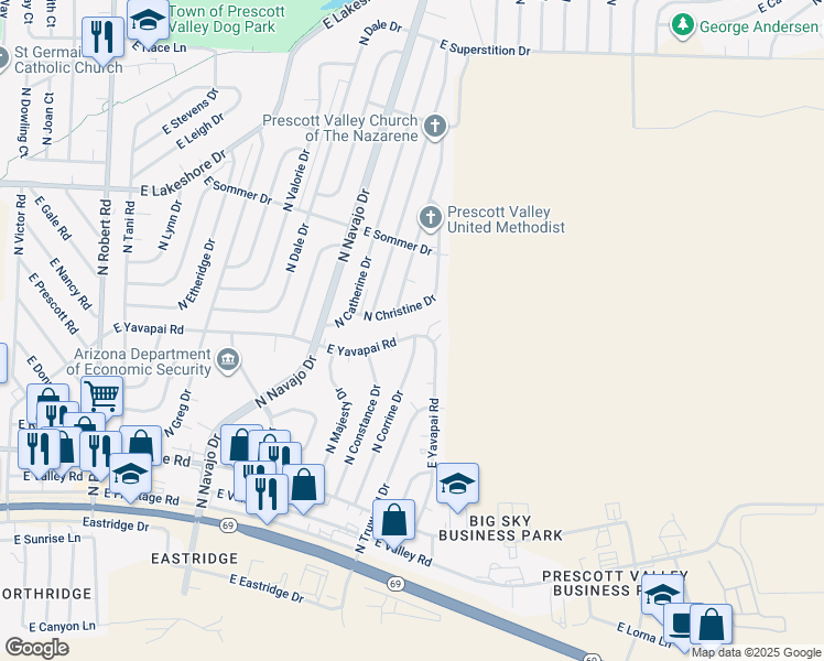 map of restaurants, bars, coffee shops, grocery stores, and more near 8900 East Yavapai Road in Prescott Valley