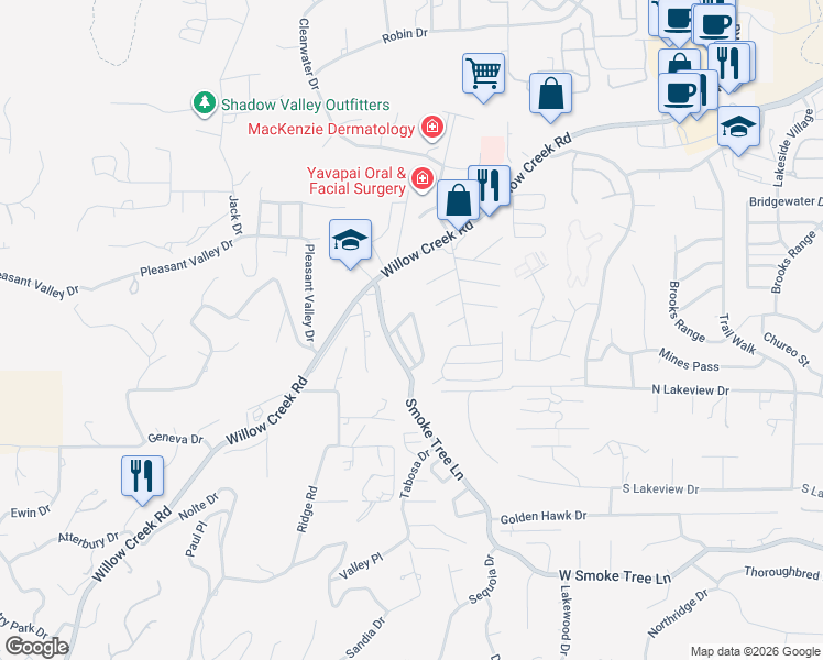 map of restaurants, bars, coffee shops, grocery stores, and more near 40-46 Meadow Cir in Prescott