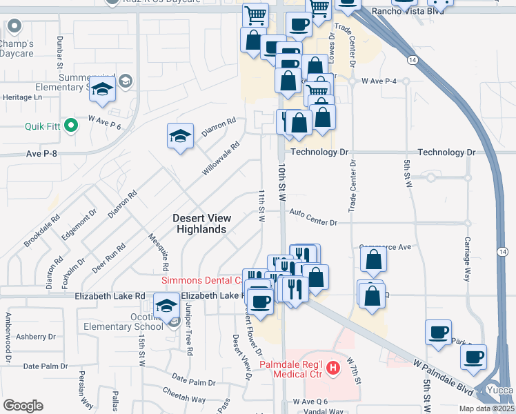 map of restaurants, bars, coffee shops, grocery stores, and more near 39027 Yucca Tree Street in Palmdale