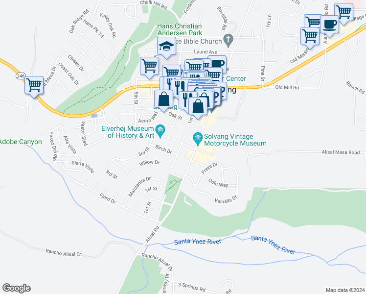 map of restaurants, bars, coffee shops, grocery stores, and more near 296 1st Street in Solvang