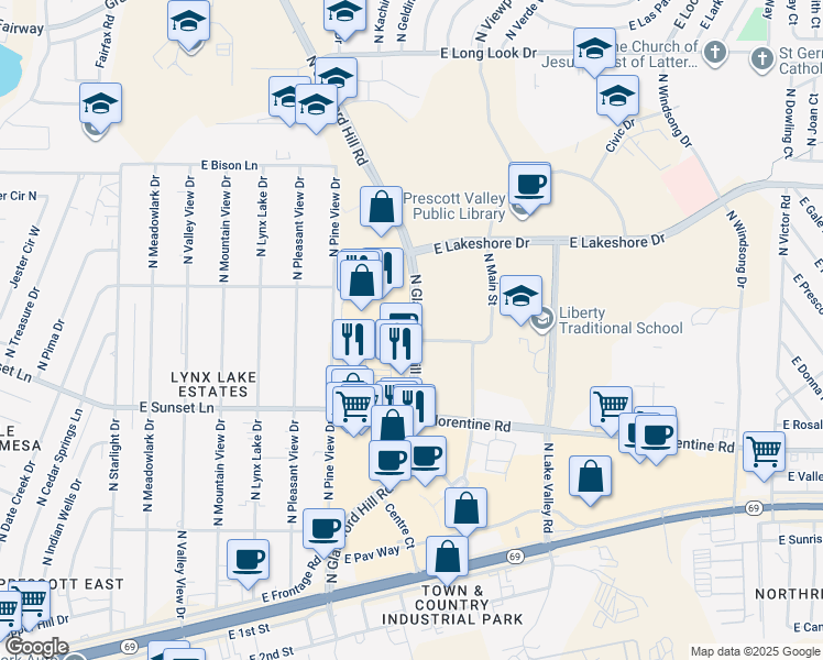 map of restaurants, bars, coffee shops, grocery stores, and more near 3322 North Glassford Hill Road in Prescott Valley