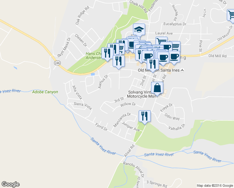 map of restaurants, bars, coffee shops, grocery stores, and more near 243 3rd Street in Solvang