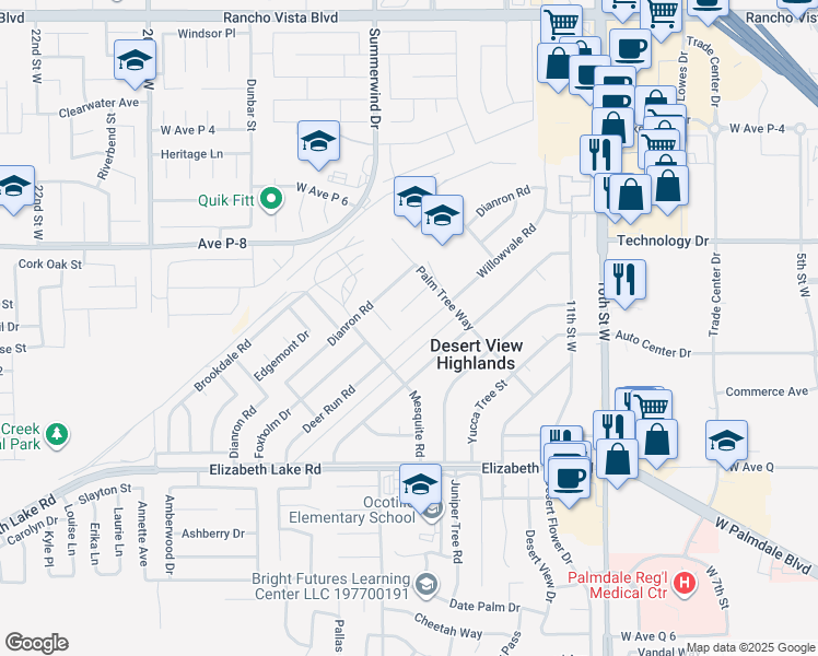 map of restaurants, bars, coffee shops, grocery stores, and more near 39045 Willowvale Rd in Palmdale