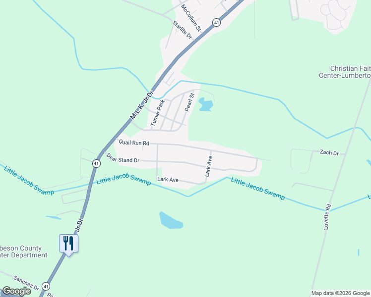 map of restaurants, bars, coffee shops, grocery stores, and more near 358 Quail Run Road in Lumberton