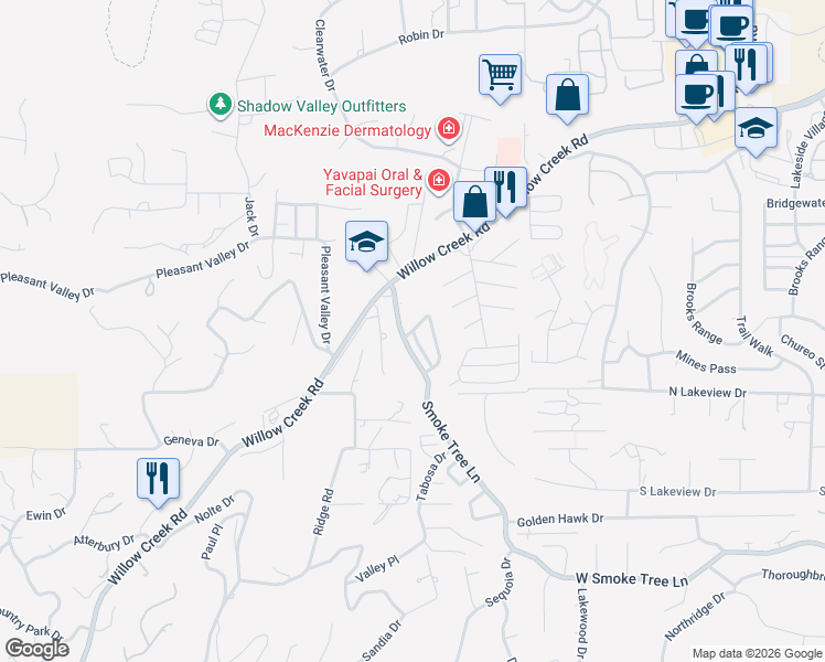 map of restaurants, bars, coffee shops, grocery stores, and more near 40 Meadow Circle in Prescott