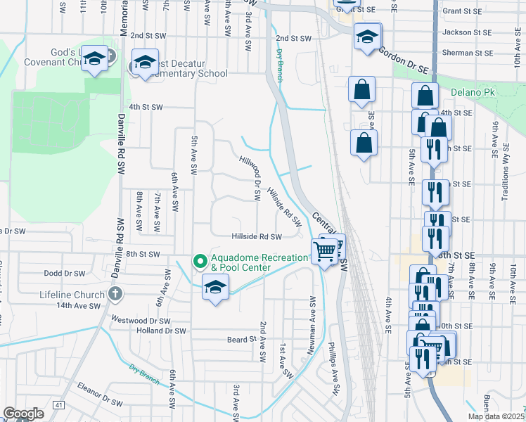 map of restaurants, bars, coffee shops, grocery stores, and more near 1011 Hillwood Drive Southwest in Decatur