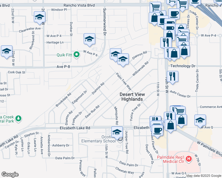 map of restaurants, bars, coffee shops, grocery stores, and more near 39002 Vananbev Way in Palmdale