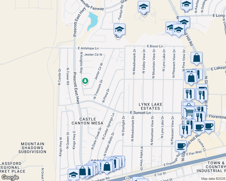 map of restaurants, bars, coffee shops, grocery stores, and more near 3361 North Pima Drive in Prescott Valley