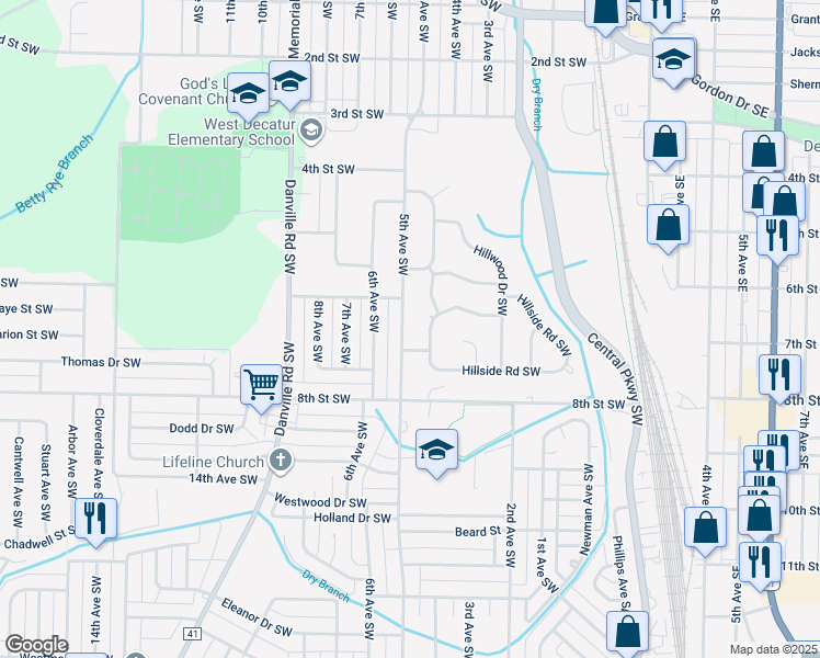 map of restaurants, bars, coffee shops, grocery stores, and more near 404 Hillside Road Southwest in Decatur