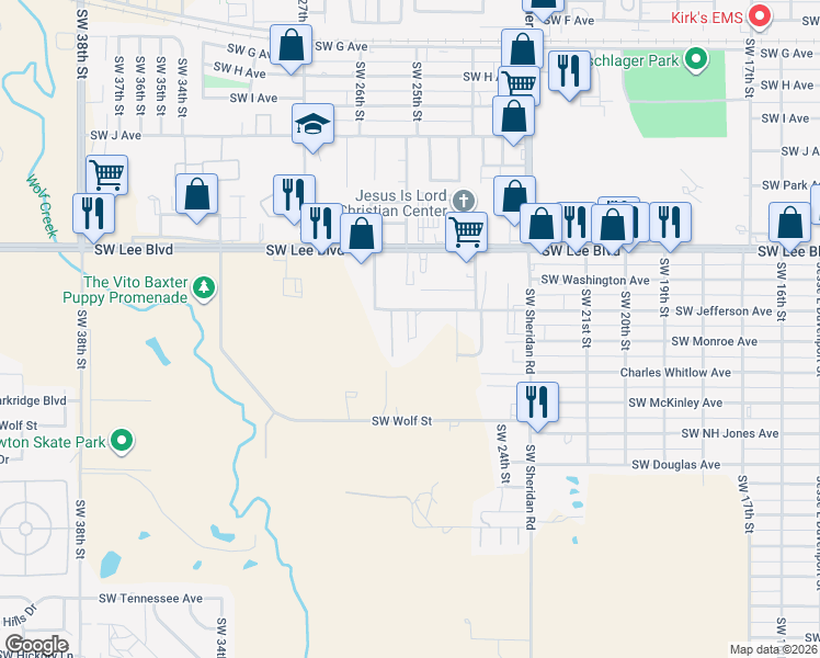 map of restaurants, bars, coffee shops, grocery stores, and more near 2422 Southwest Jefferson Avenue in Lawton