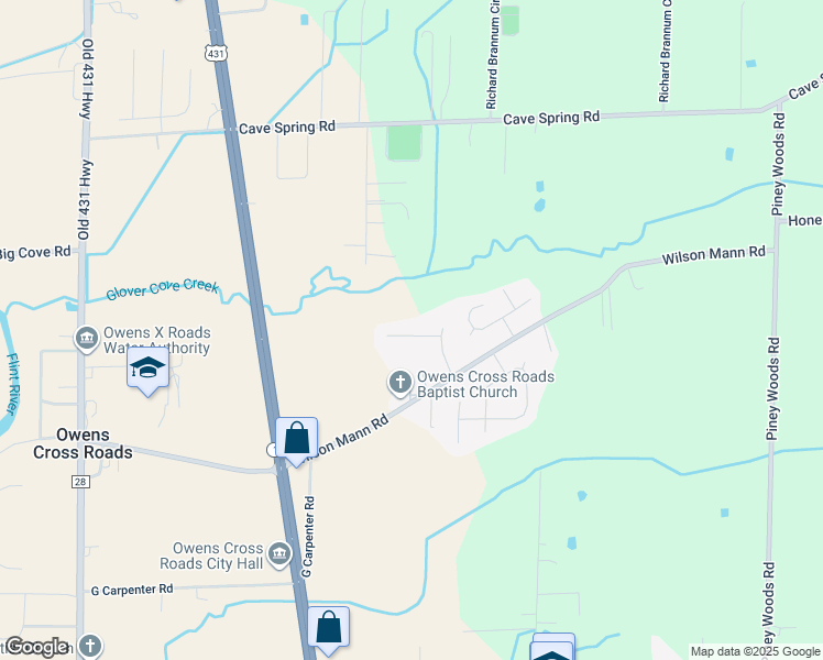 map of restaurants, bars, coffee shops, grocery stores, and more near 107 Red Sunset Circle in Owens Cross Roads