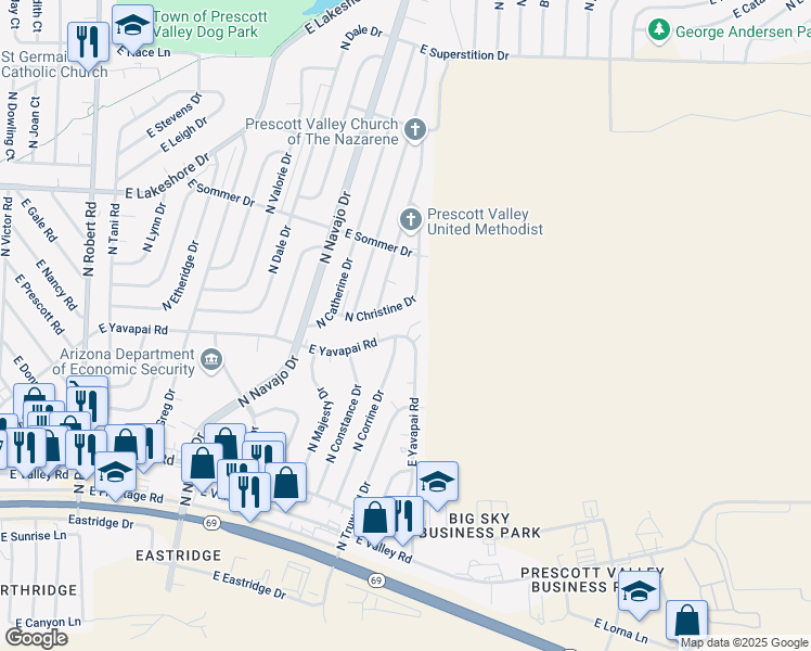 map of restaurants, bars, coffee shops, grocery stores, and more near 8900 East Yavapai Road in Prescott Valley