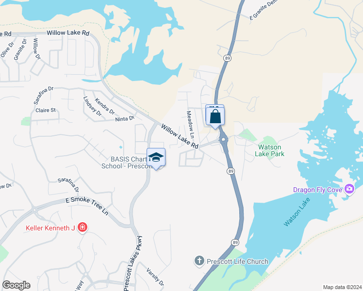 map of restaurants, bars, coffee shops, grocery stores, and more near 8 Stacy Drive in Prescott