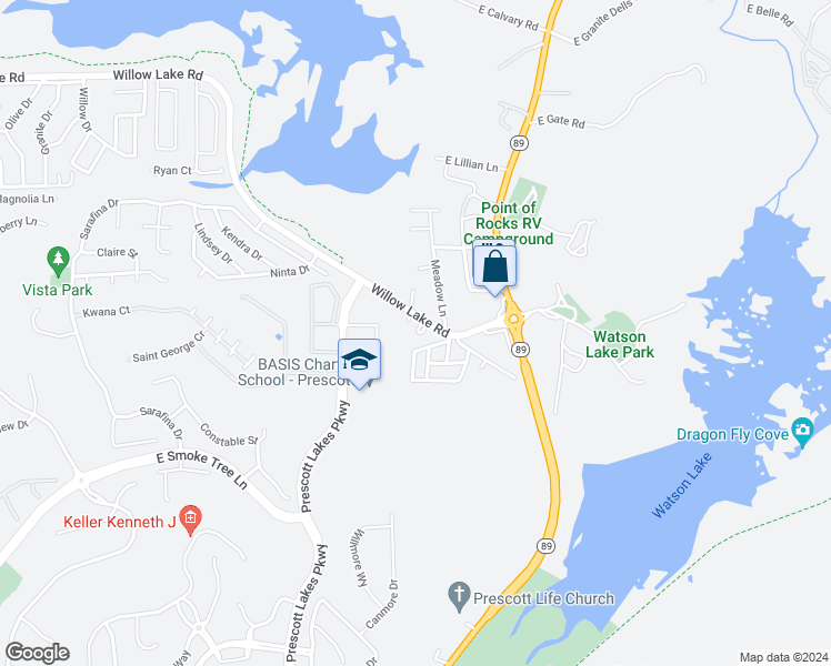 map of restaurants, bars, coffee shops, grocery stores, and more near 2023 Willow Lake Road in Prescott