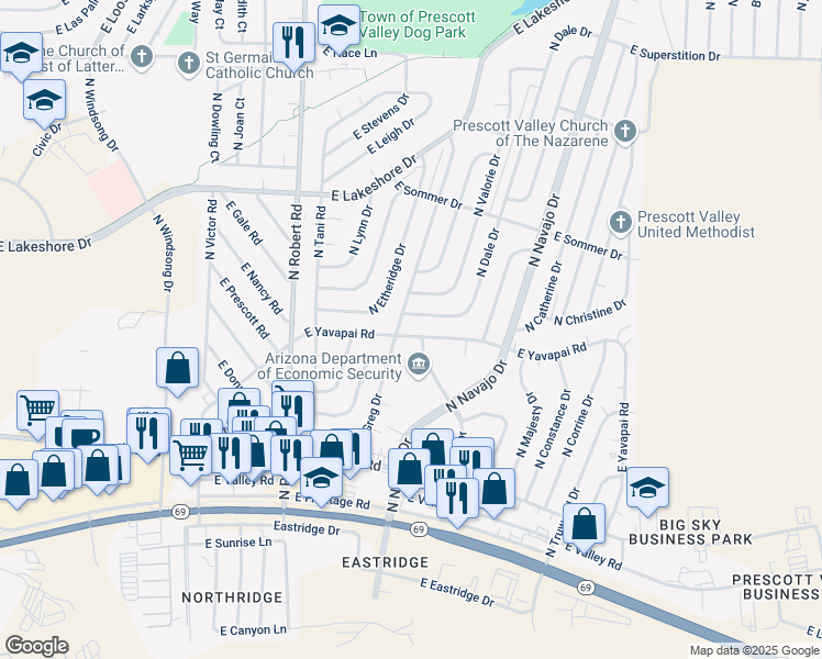 map of restaurants, bars, coffee shops, grocery stores, and more near 8501 East Yavapai Road in Prescott Valley