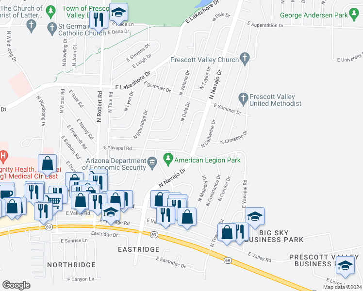 map of restaurants, bars, coffee shops, grocery stores, and more near 3366 North Needles Drive in Prescott Valley