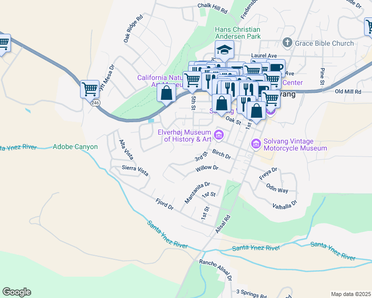 map of restaurants, bars, coffee shops, grocery stores, and more near 247 3rd Street in Solvang