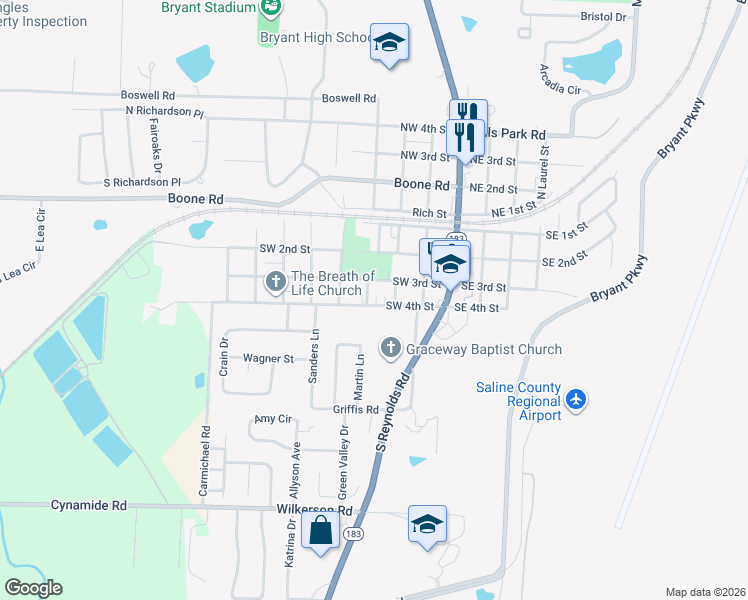 map of restaurants, bars, coffee shops, grocery stores, and more near 401 Southwest 4th Street in Bryant