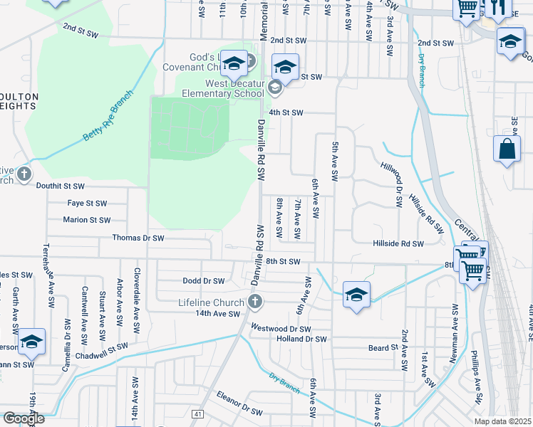 map of restaurants, bars, coffee shops, grocery stores, and more near 1008 Danville Road Southwest in Decatur