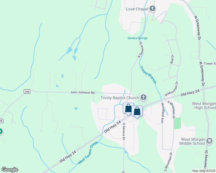 map of restaurants, bars, coffee shops, grocery stores, and more near 103 John Johnson Road in Trinity