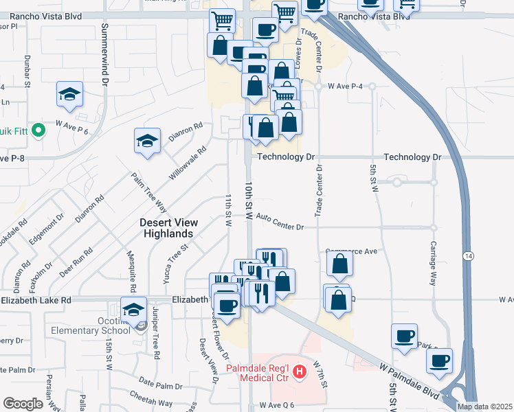 map of restaurants, bars, coffee shops, grocery stores, and more near 853 Auto Center Drive in Palmdale