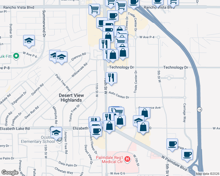 map of restaurants, bars, coffee shops, grocery stores, and more near 853 Auto Center Drive in Palmdale
