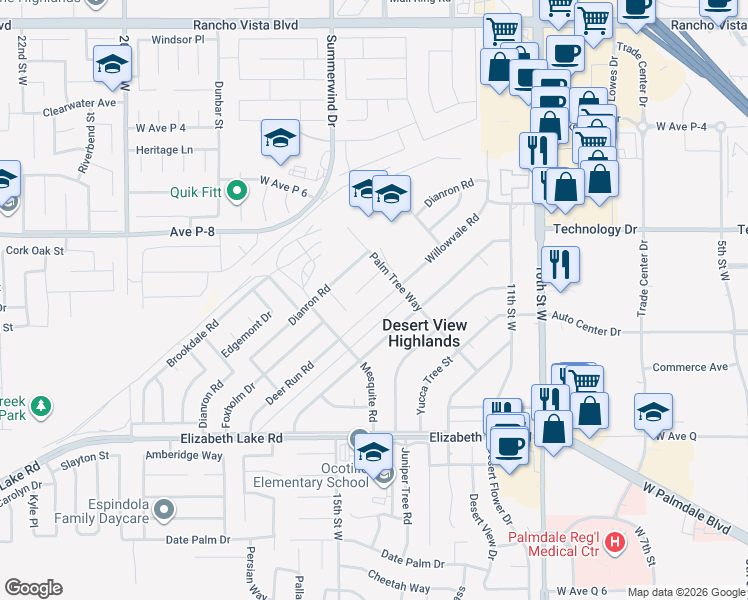 map of restaurants, bars, coffee shops, grocery stores, and more near 39045 Willowvale Road in Palmdale