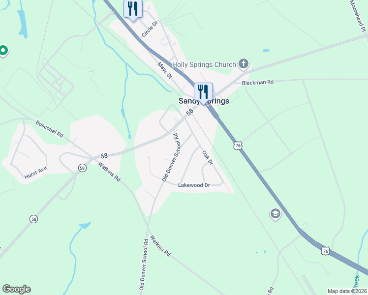 map of restaurants, bars, coffee shops, grocery stores, and more near 1103 Old Denver School Road in Pendleton