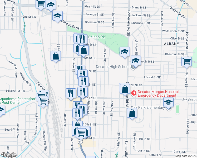 map of restaurants, bars, coffee shops, grocery stores, and more near 1022 8th Avenue Southeast in Decatur