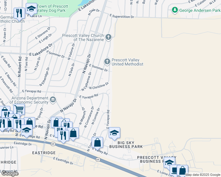 map of restaurants, bars, coffee shops, grocery stores, and more near 8958 East Yavapai Road in Prescott Valley