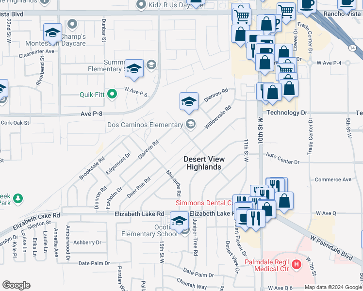 map of restaurants, bars, coffee shops, grocery stores, and more near 39069 Willowvale Road in Palmdale