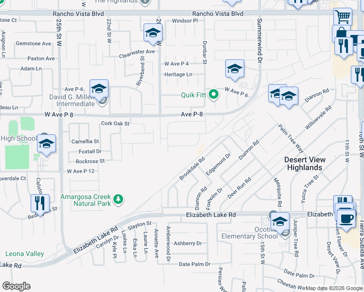 map of restaurants, bars, coffee shops, grocery stores, and more near 1856 Vincent Drive in Palmdale
