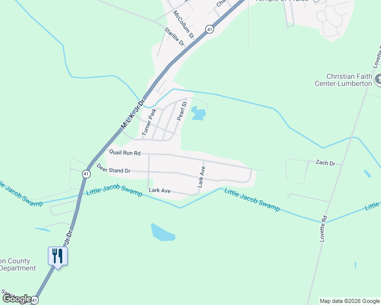 map of restaurants, bars, coffee shops, grocery stores, and more near 424 Quail Run Road in Lumberton