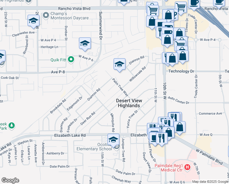 map of restaurants, bars, coffee shops, grocery stores, and more near 39069 Willowvale Road in Palmdale