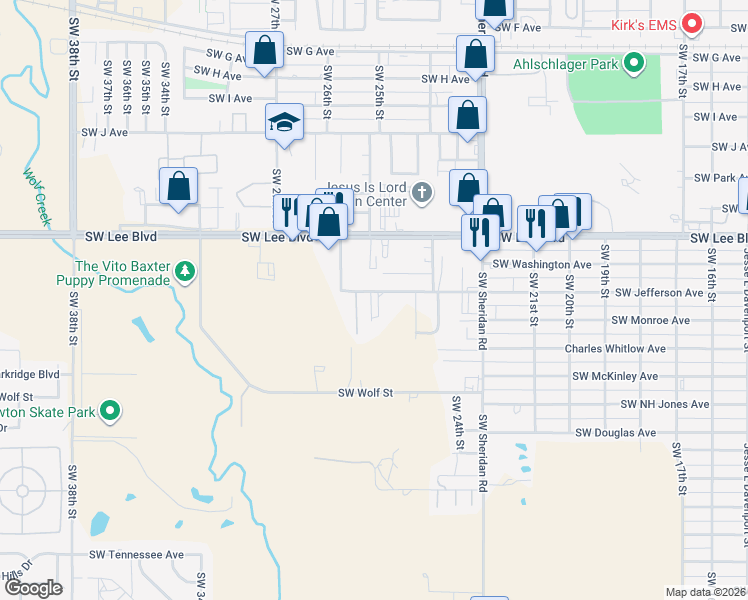 map of restaurants, bars, coffee shops, grocery stores, and more near 2422 Southwest Jefferson Avenue in Lawton