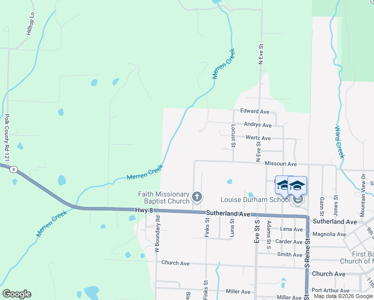 map of restaurants, bars, coffee shops, grocery stores, and more near 2401 Missouri Avenue in Mena